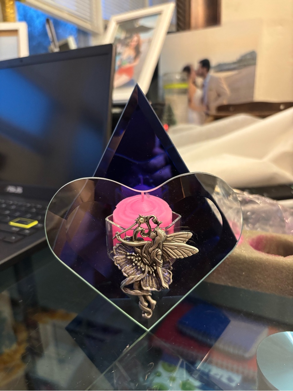 Glass Heart Angel Fairy Figurine Pink Candle Holder Decor 3D Effect